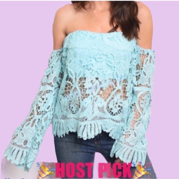 Tops - LIGHT BLUE OFF THE SHOULDERS CROCHET DETAILED TOP